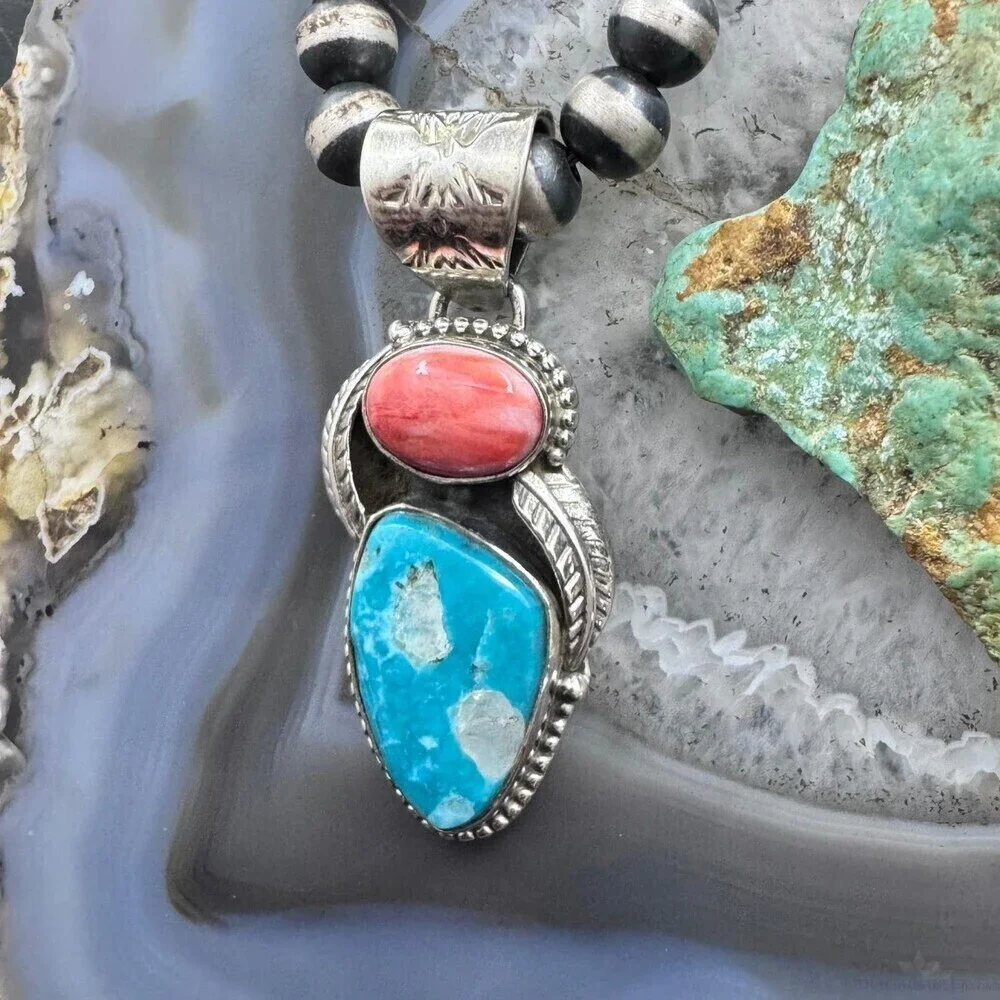 Native American Sterling Oval Orange Spiny Oyster W/Triangular Turquoise Pendant